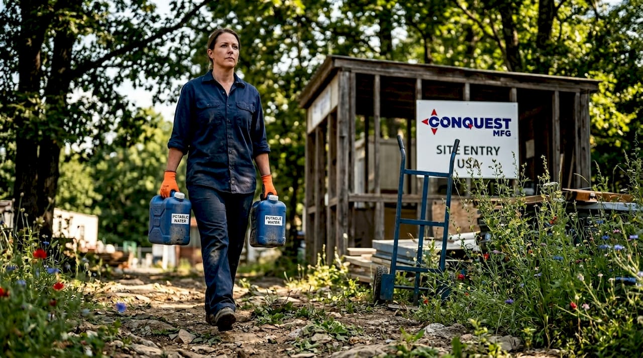 Worker moving balanced water containers outdoors