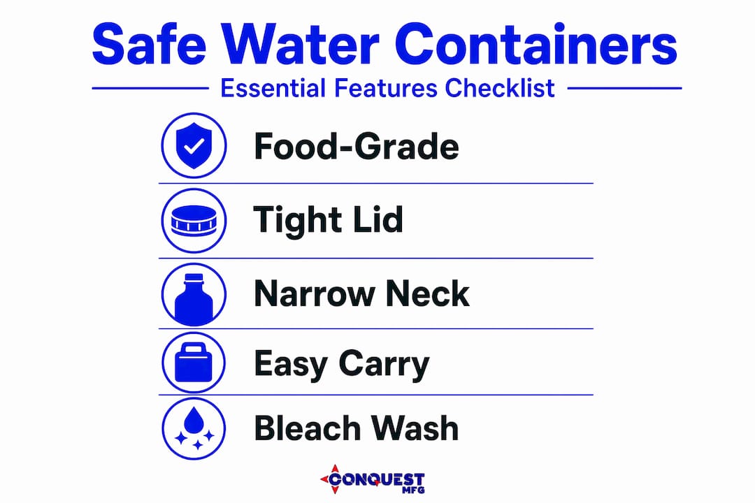 Infographic outlining safe water container features
