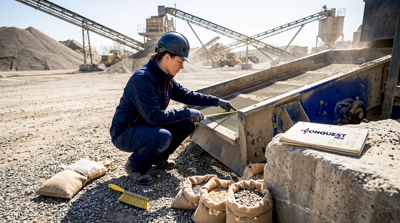Technician measuring aggregate screen openings in plant