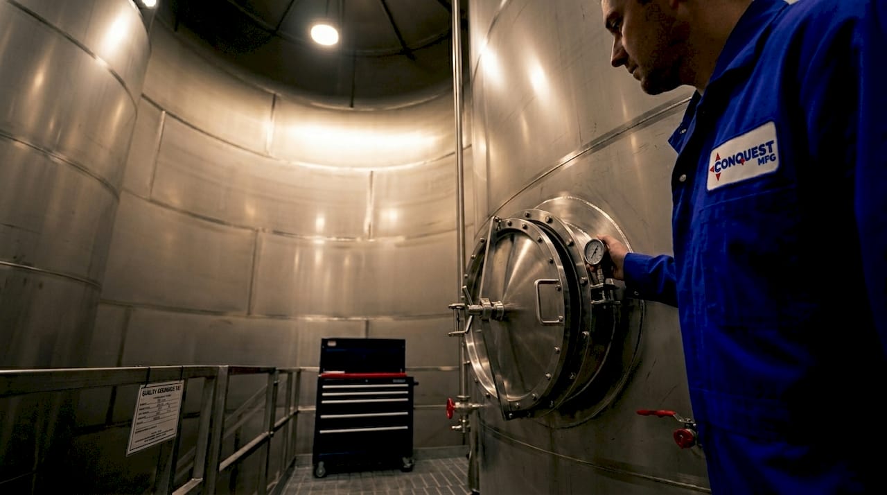 Inside view of polished stainless steel silo tank