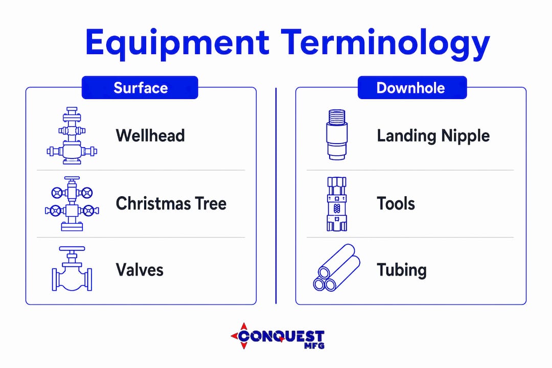 Infographic comparing surface and downhole equipment terminology