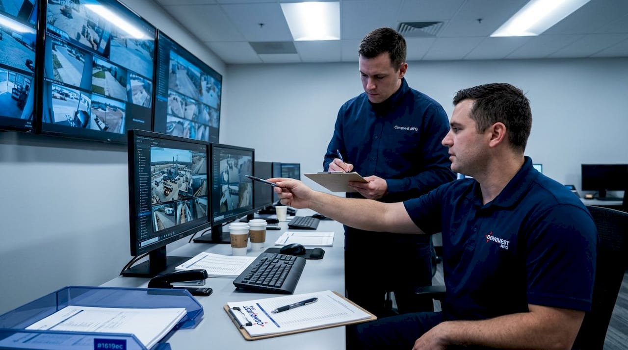 Security staff monitoring CCTV feeds in control room