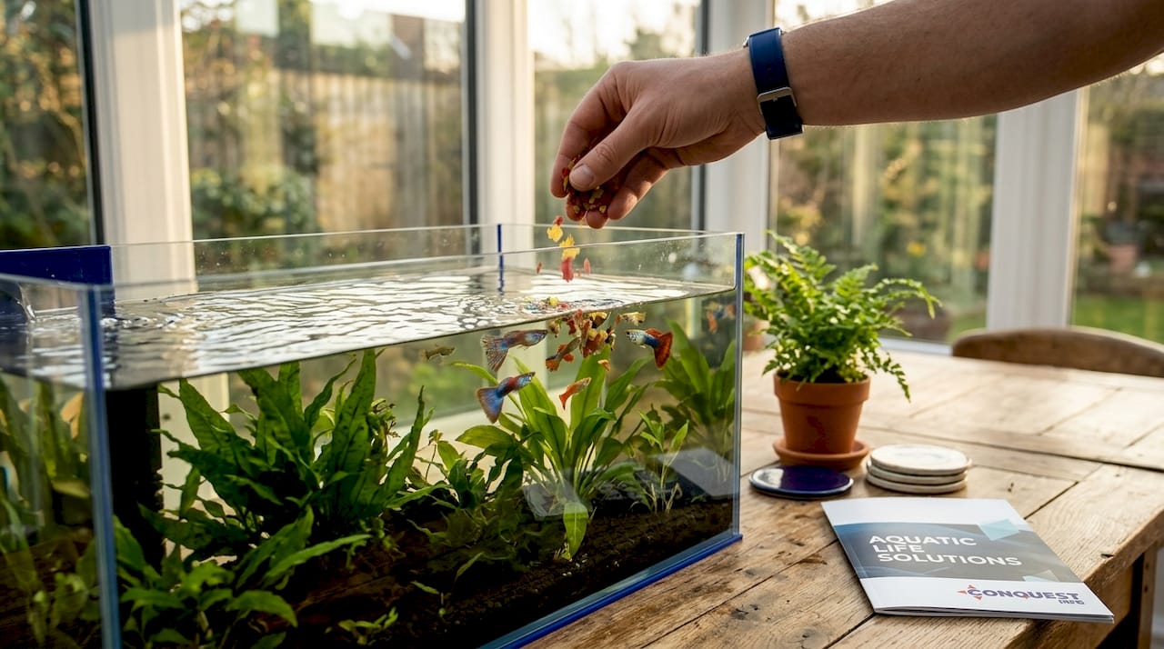 Hand feeding guppies in home aquarium