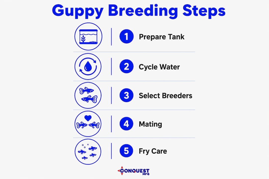 Infographic showing guppy breeding process steps