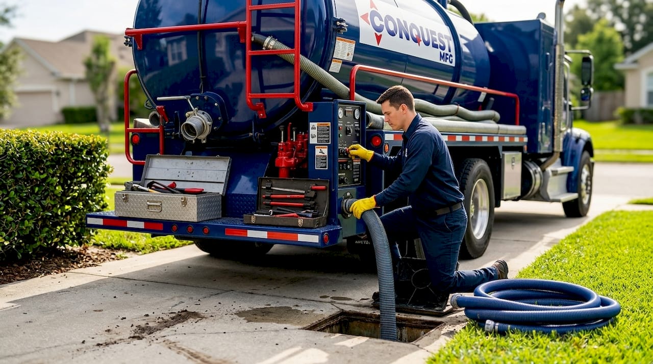 Liquid vacuum truck suctioning septic tank