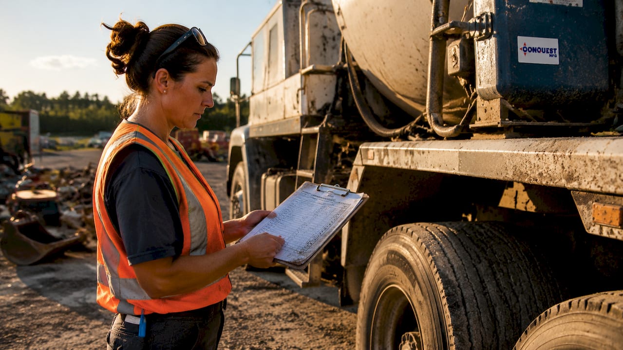 Hands checking mixer truck inspection checklist