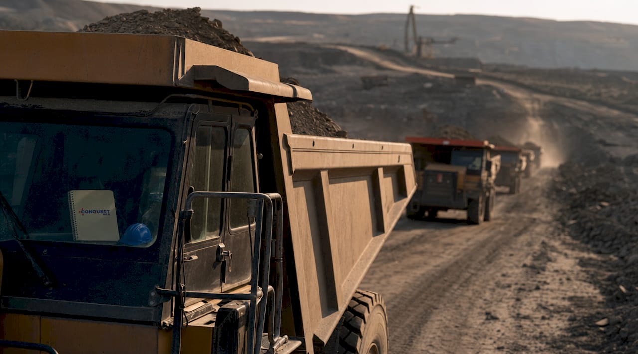 Heavy dump trucks on haul road at mining site