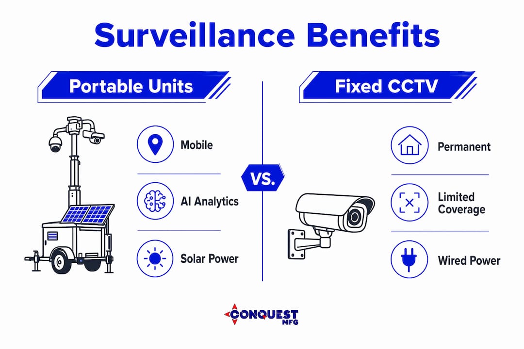 Infographic comparing portable units vs fixed CCTV benefits