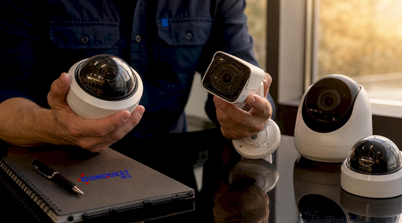 Hands comparing dome and bullet surveillance cameras overhead