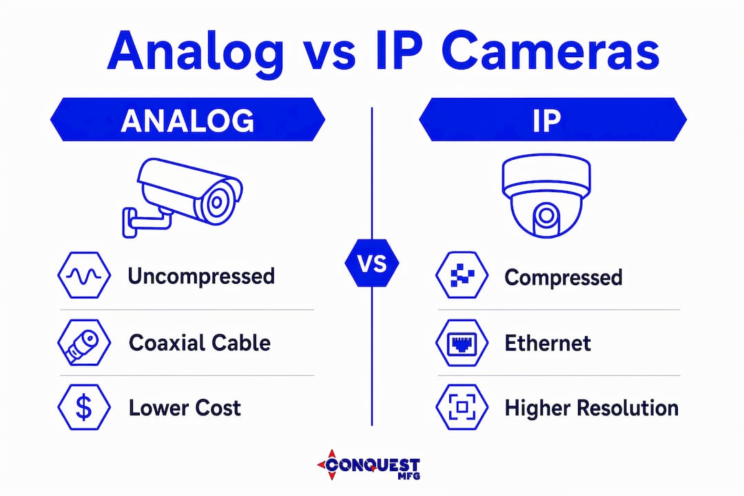 Infographic comparing analog and IP surveillance cameras
