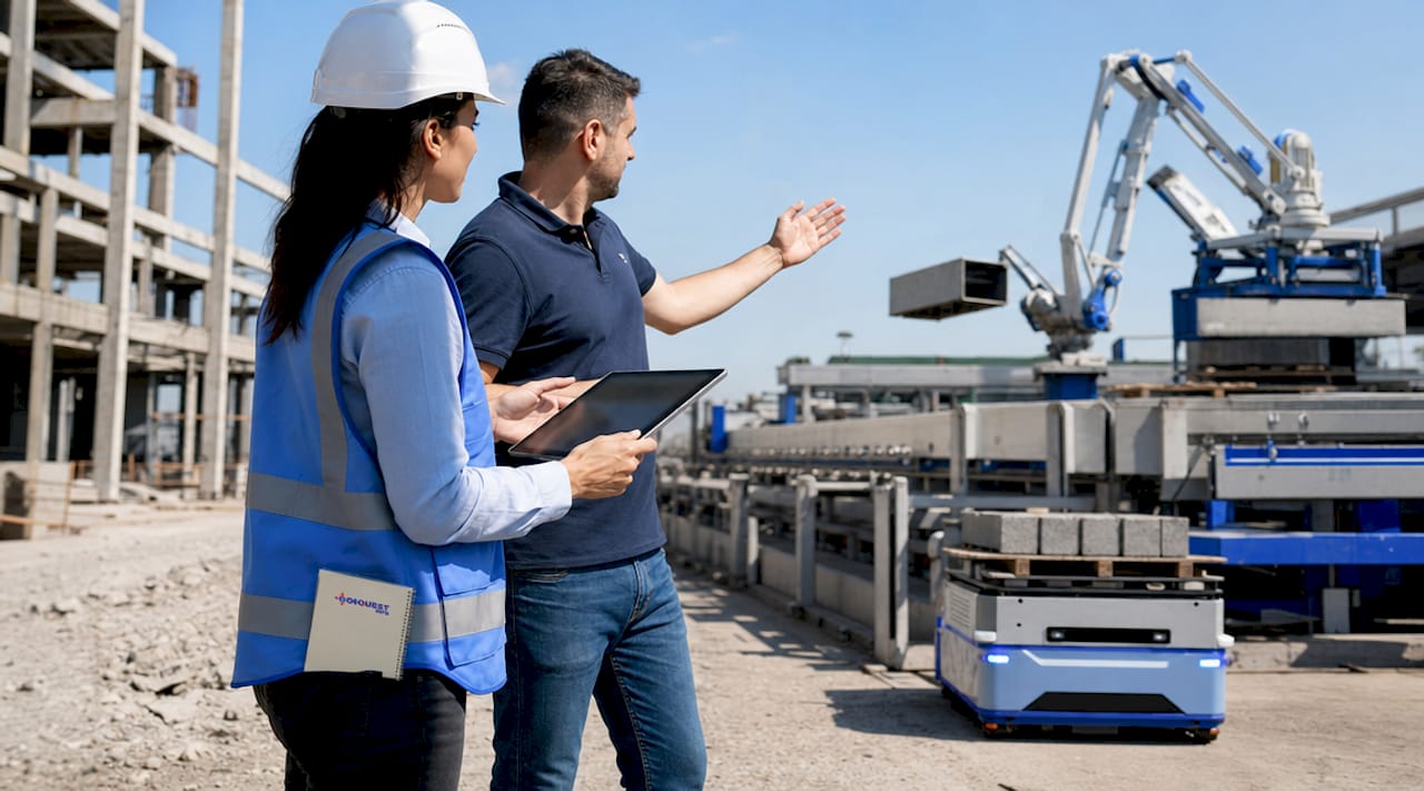 Engineers inspecting smart conveyors and AGVs