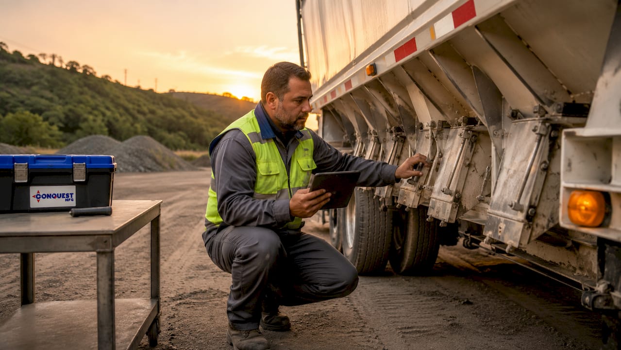 Technician inspecting hopper bottom trailer unloading gates
