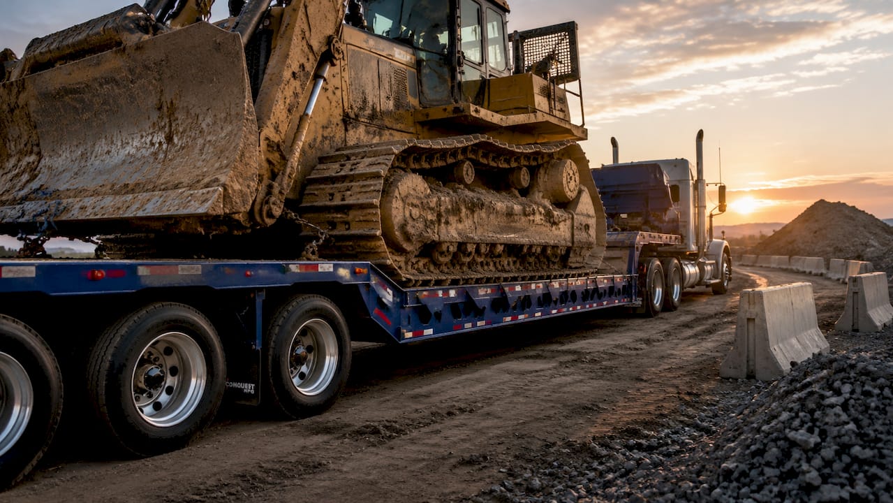 Lowbed semi trailer carrying excavator outdoors