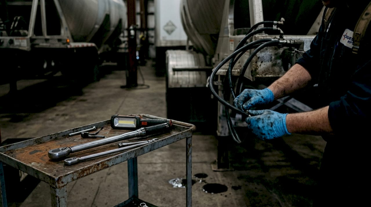 Technician inspecting pneumatic lines on bulk trailer