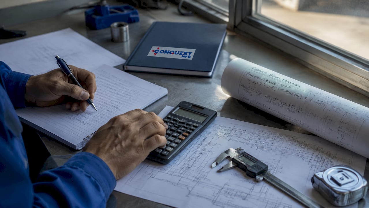 Hands calculating batch plant capacity formula