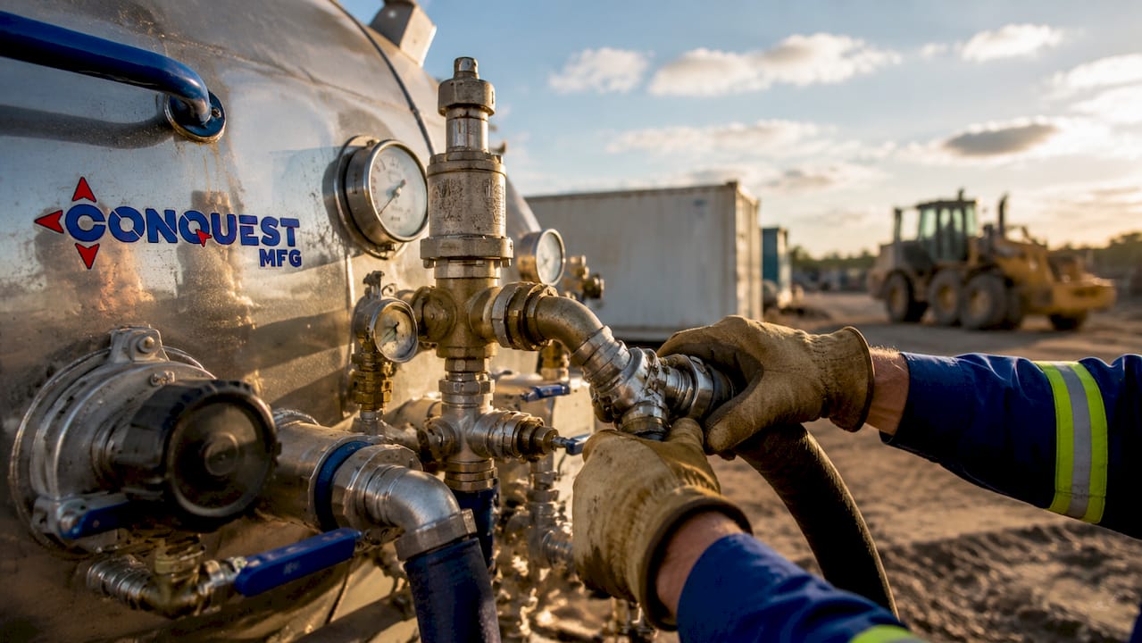 Close-up of vacuum tank components and operator’s hands