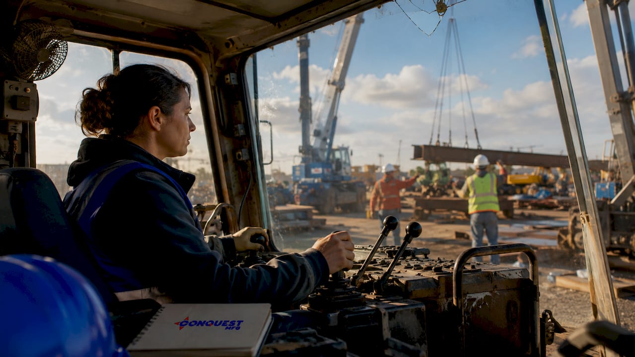 Technician operating picker truck controls