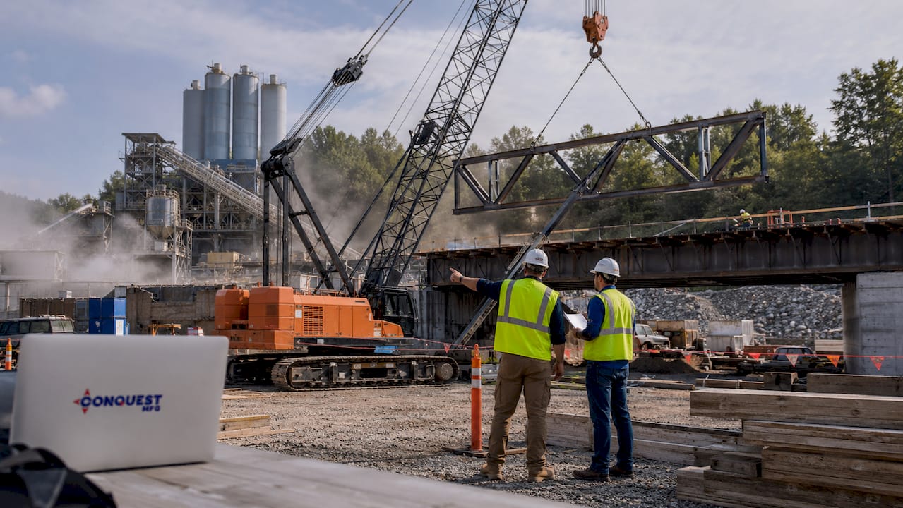 Heavy lifting crane and concrete batching plant at bridge site