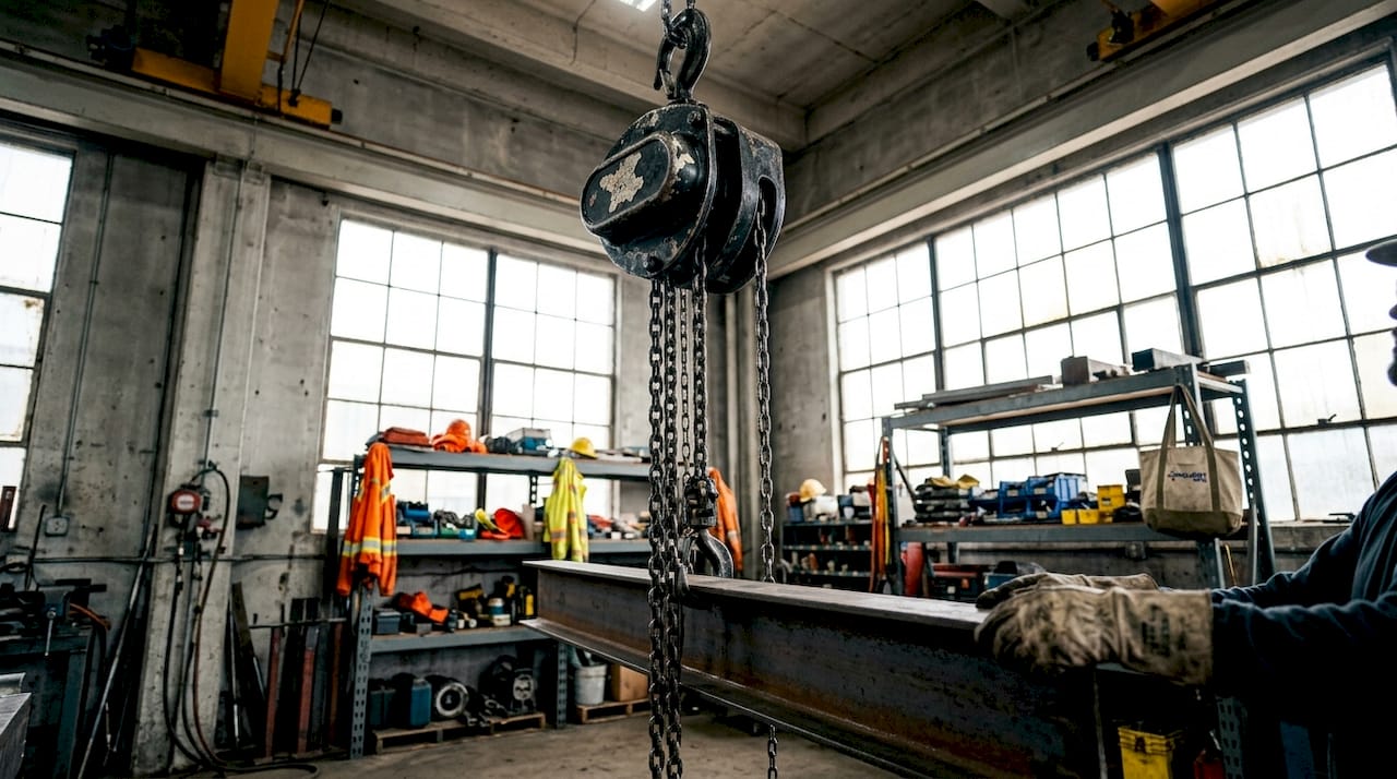 Flameproof chain hoist lifting pipe on rig