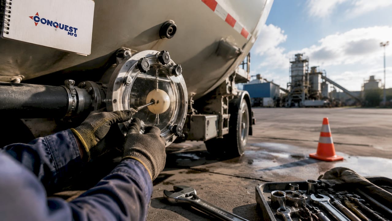 Hands inspecting float ball in vacuum tank trailer debris tank