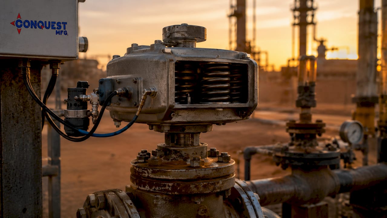 Close-up of pneumatic spring-return actuator on valve