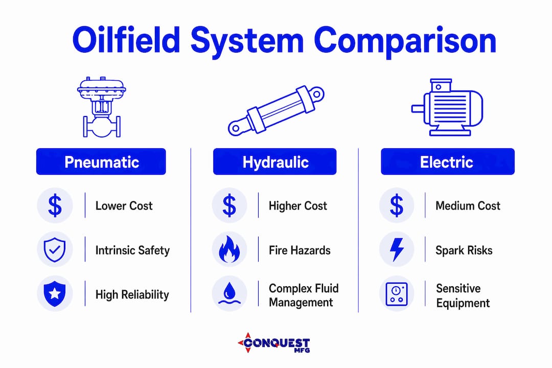 Infographic comparing oilfield pneumatic, hydraulic, electric systems