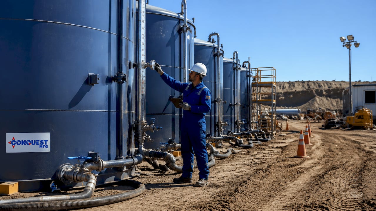 Above-ground water storage tanks at drilling site