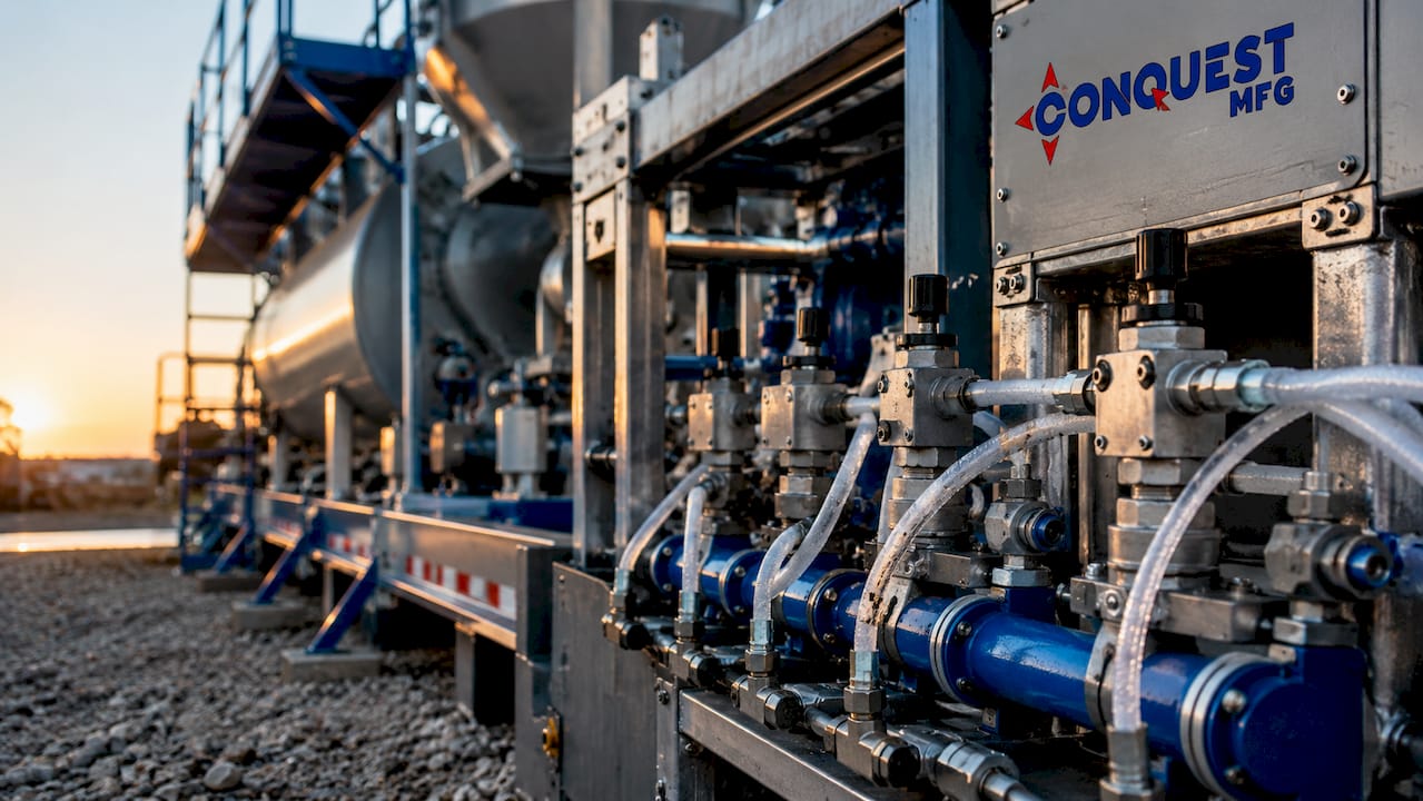 Outdoor pneumatic cement mixing equipment with Conquest MFG branding