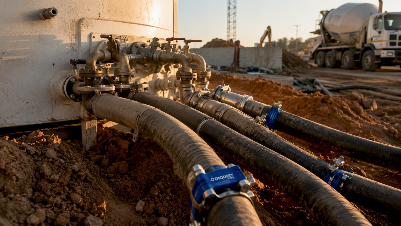 Close-up of branded bulk liquid transfer hoses outdoors