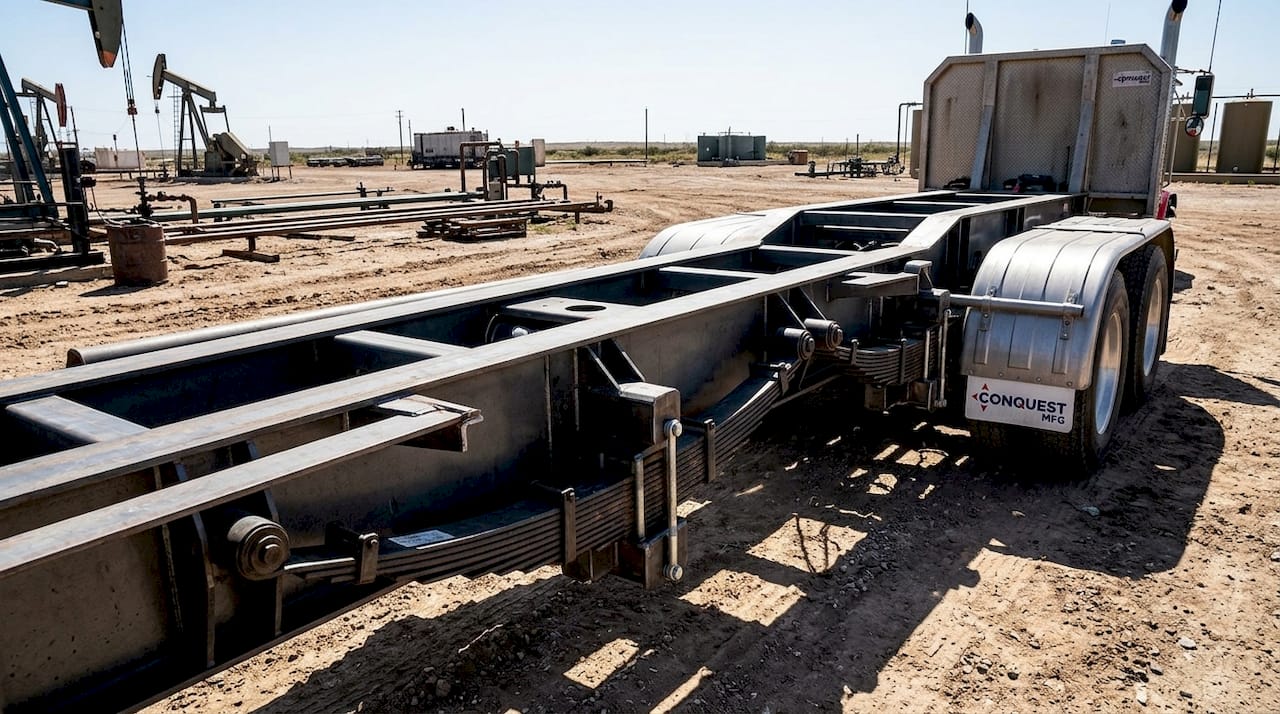 Close-up of specialized oilfield trailer suspension and branding