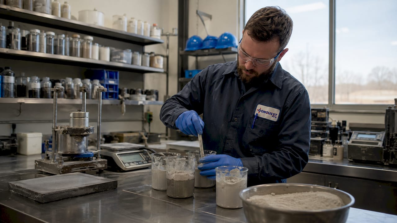 Technician preparing cement slurry in lab environment