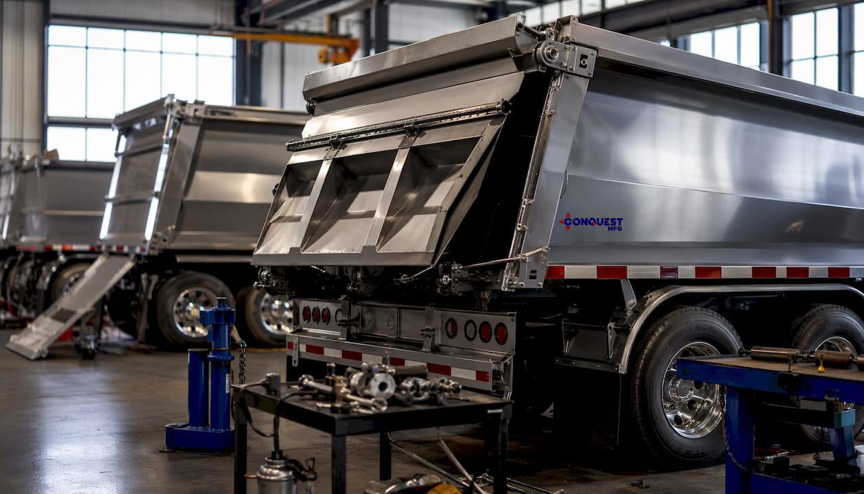 Workshop scene showing belly dump trailer types with logo