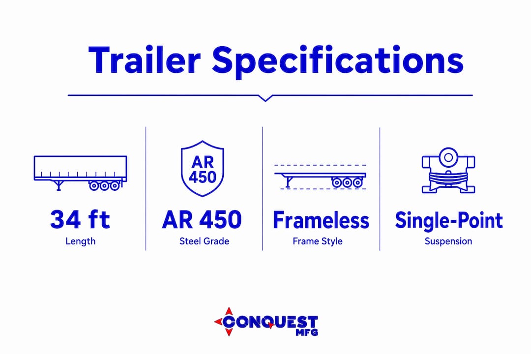 Infographic showing key half round dump trailer specs