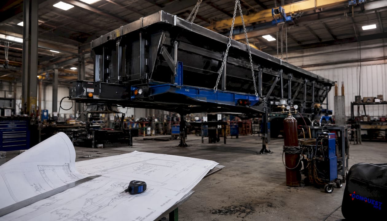 Trailer frame section in workshop with tools