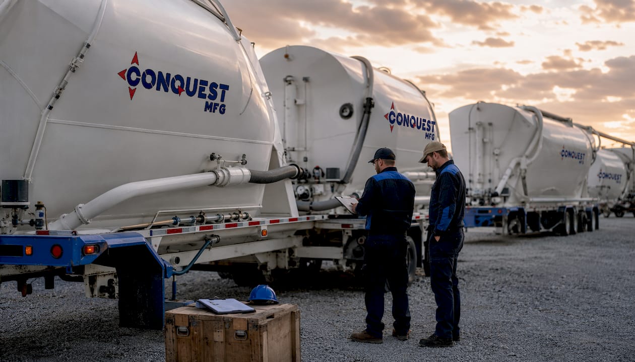 Lineup of cement storage pig trailers outdoors with company logo