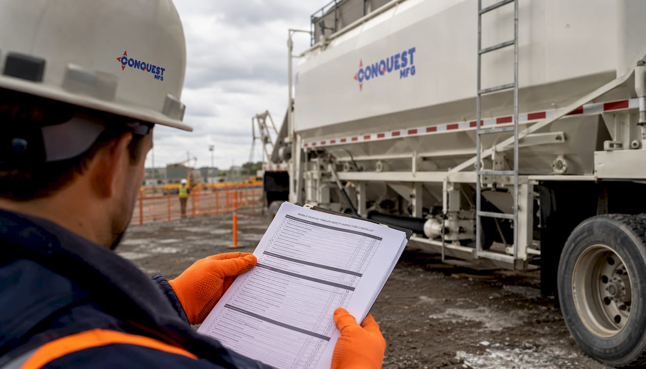 Safety officer reviewing silo trailer checklist outdoors