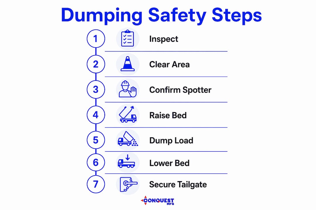 Infographic illustrating step-by-step dump safety procedure