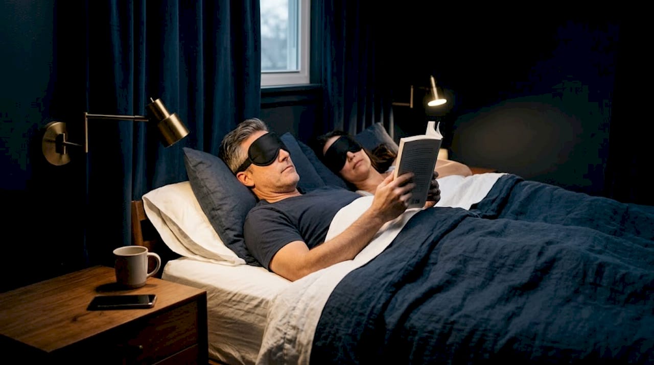 Couple with sleep masks in dim bedroom