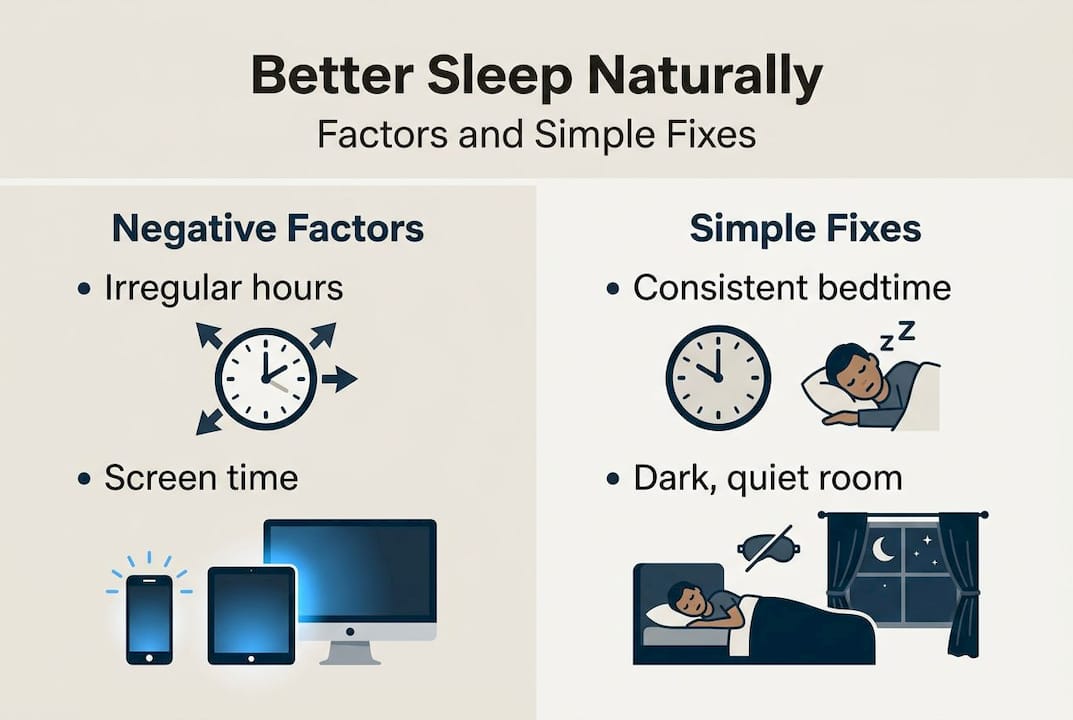 Infographic showing sleep quality factors and fixes