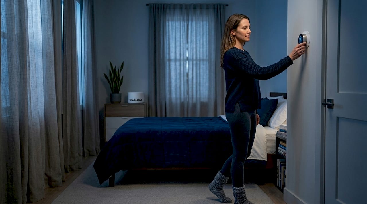 Woman adjusting bedside thermostat for sleep