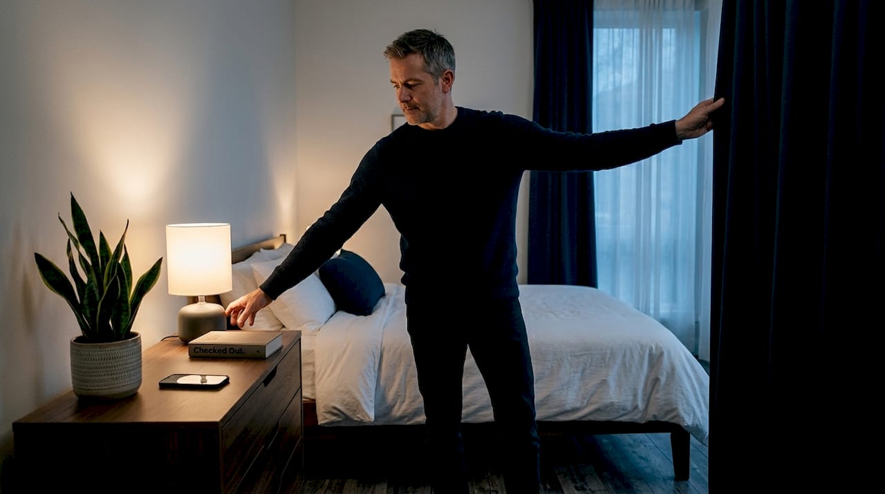 Person prepares bedroom for restful sleep