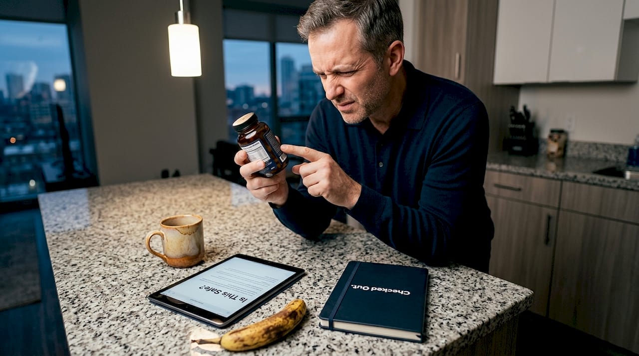 Man examines supplement bottle at kitchen counter