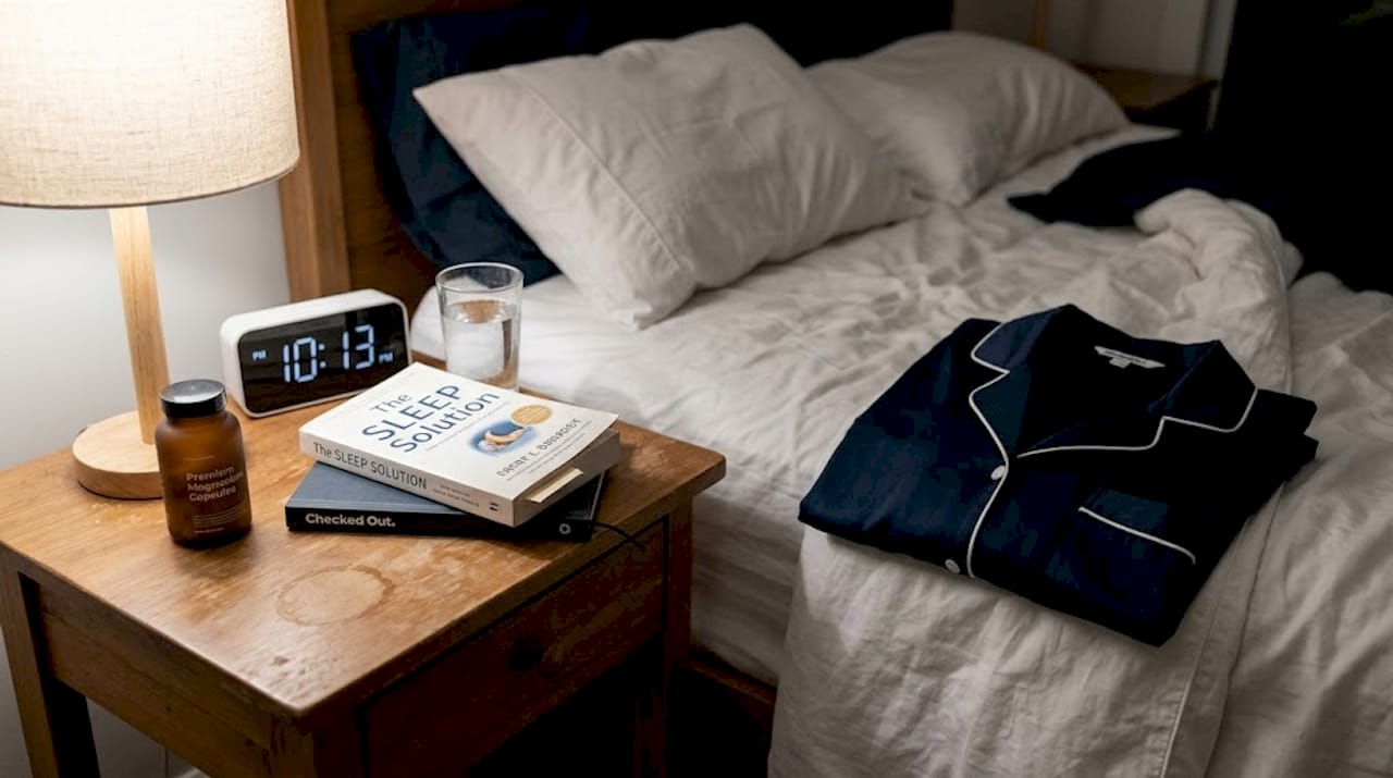 Bedside table with magnesium supplement and book