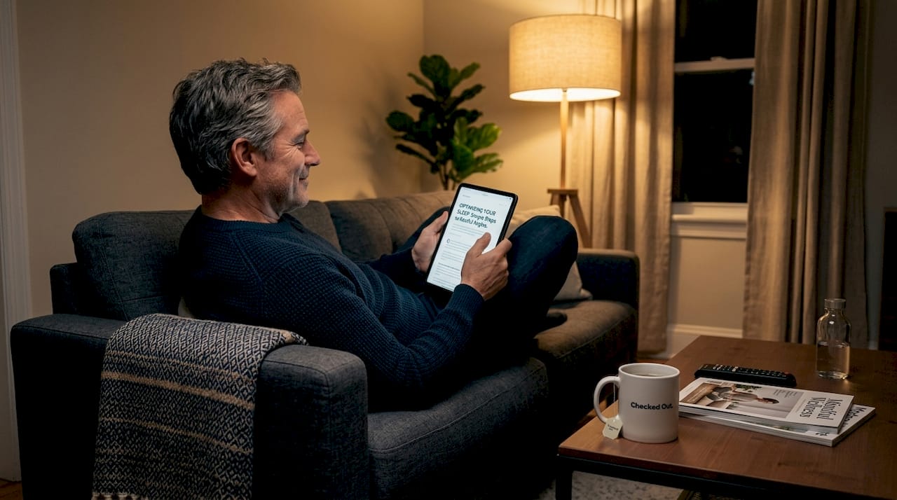 Man reading about sleep health on sofa