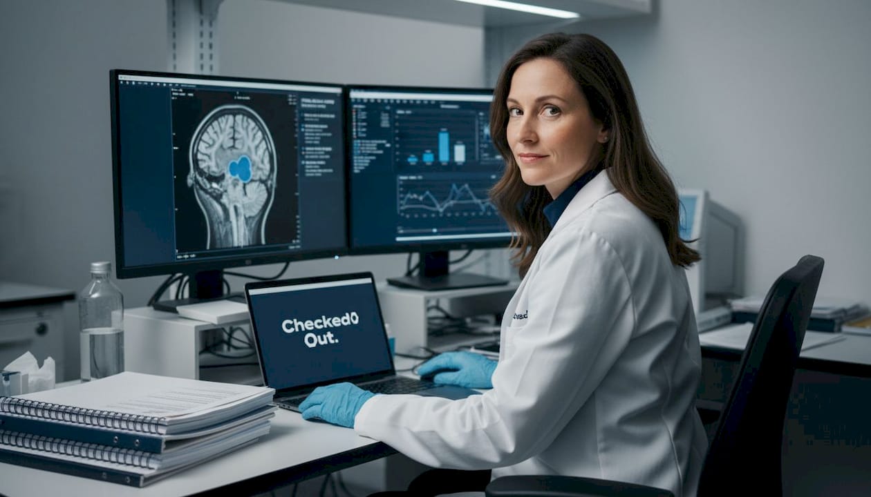 Neuroscientist studying pineal gland on monitor
