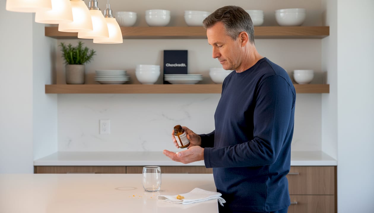 Man preparing magnesium supplement in home kitchen