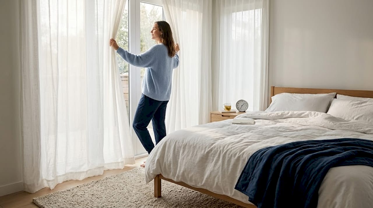 Woman opening bedroom curtains after restful sleep
