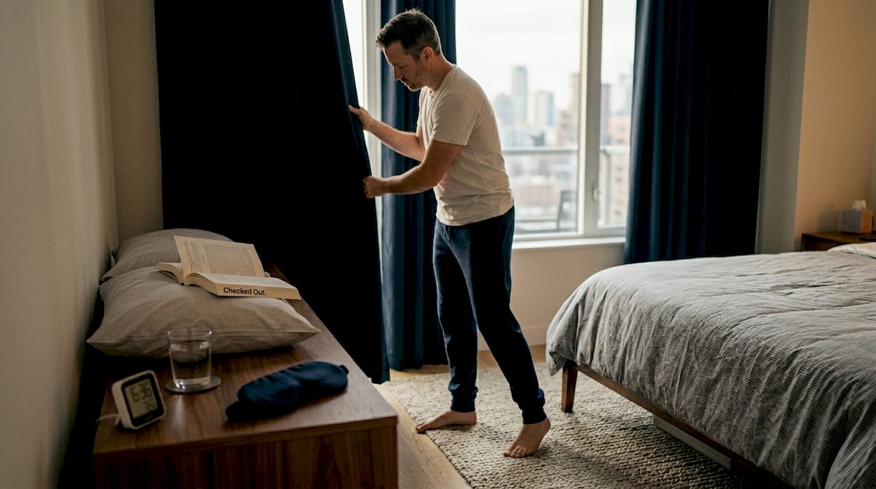 Man adjusting curtains for ideal sleep environment