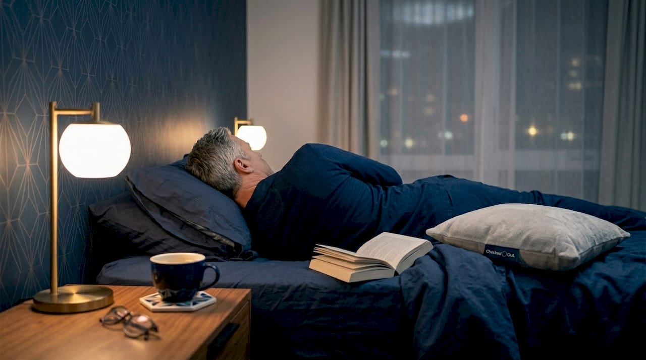Man awake in bed struggling to sleep