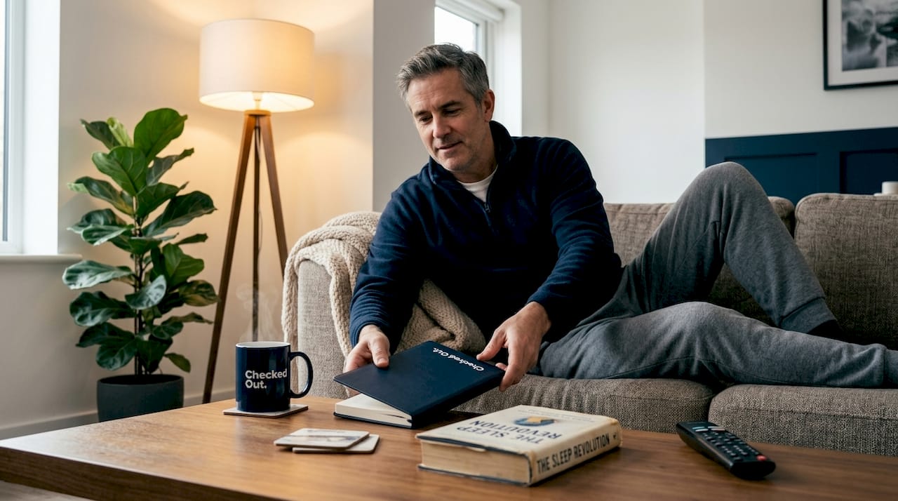 Man with evening sleep routine in living room